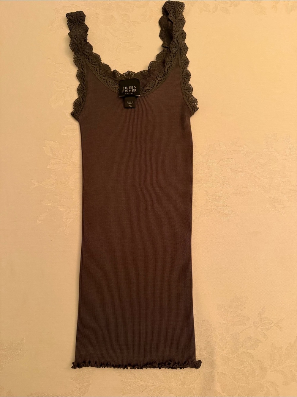 Eileen Fisher Brown Ribbed Lace-Trim Tank Dress